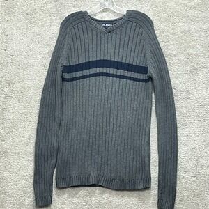 Planks Pullover Sweater Mens Size XL Gray Blue Striped Cotton V-Neck Long Sleeve